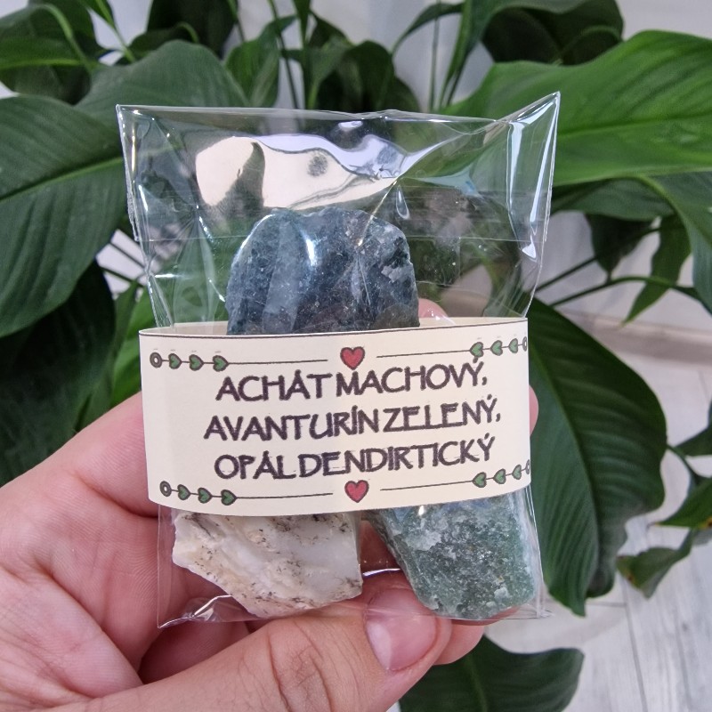 Achát machový + Avanturín zelený + Opál dendritický - balíček surových kameňov - 3ks