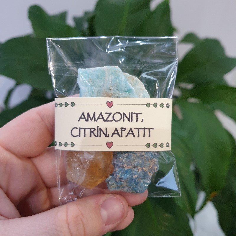 Amazonit + Citrín + Apatit - balíček surových kameňov - 3ks