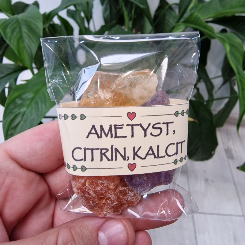 Ametyst + Citrín + Kalcit - balíček surových kameňov - 3ks