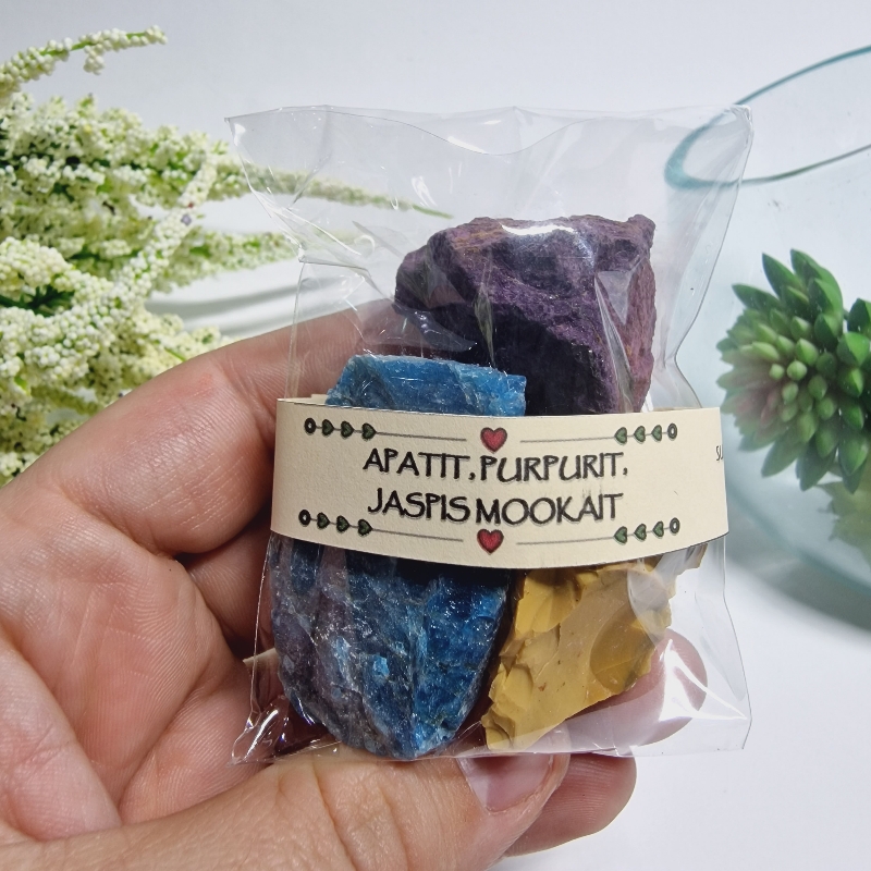 Apatit + Purpurit + Jaspis mookait - balíček surových kameňov - 3ks