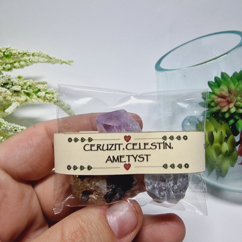 Ceruzit + Celestín + Ametyst - balíček surových kameňov - 3ks