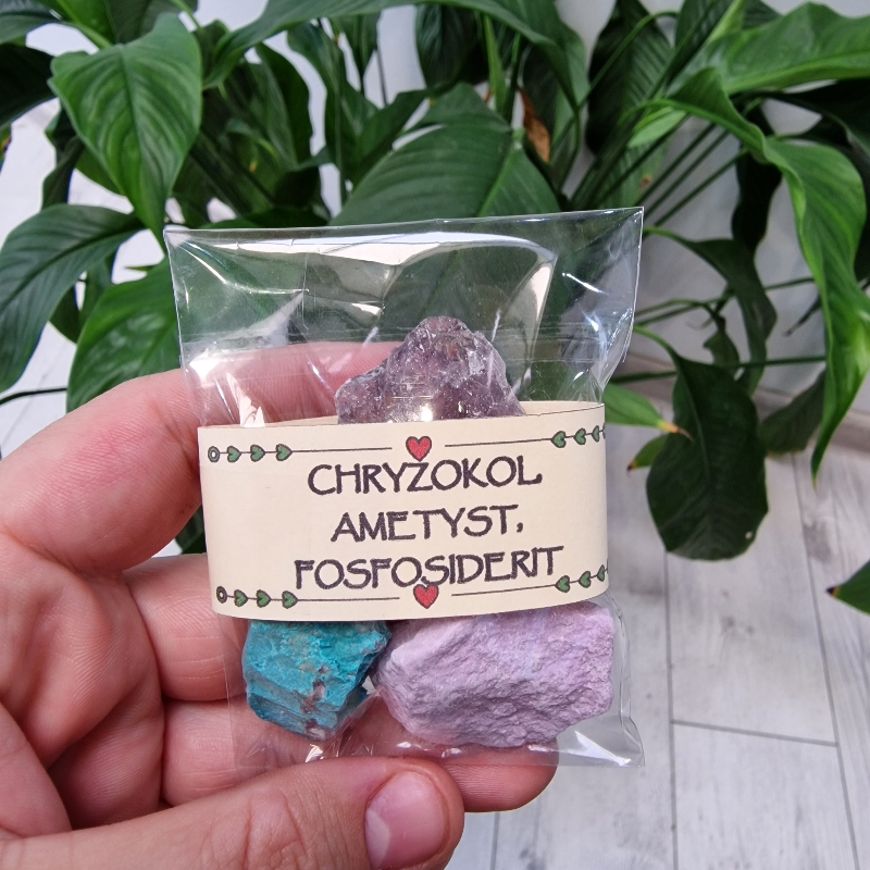 Chryzokol + Ametyst + Fosfosiderit - balíček surových kameňov - 3ks