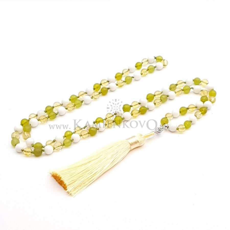 Jadeit zelený + Jadeit biely + Citrín - náhrdelník so strapcom Ø 6 mm