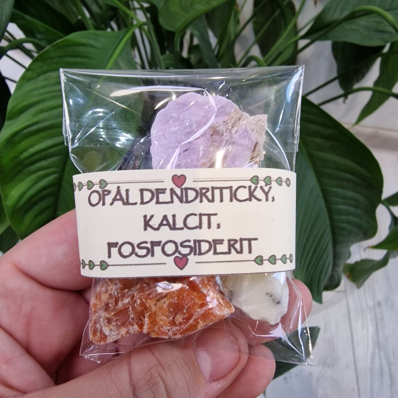 Opál dendritický + Kalcit + Fosfosiderit - balíček surových kameňov - 3ks