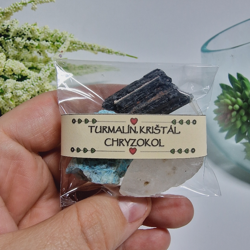 Skoryl (čierny turmalín) + Krištáľ + Chryzokol - balíček surových kameňov - 3ks