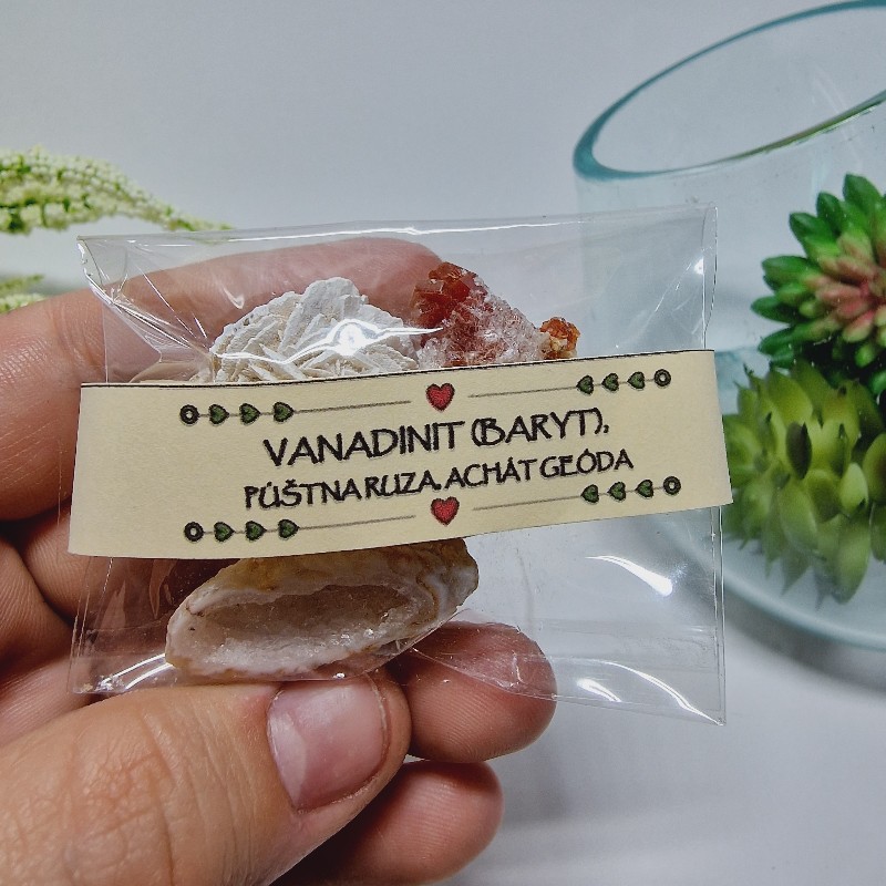 Vanadinit + Púštna ruža + Achát geódka - balíček surových kameňov - 3ks